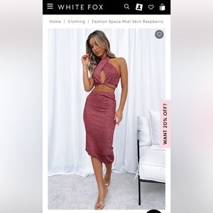 White fox two piece crop top and midi skirt in sparkly raspberry. Small.